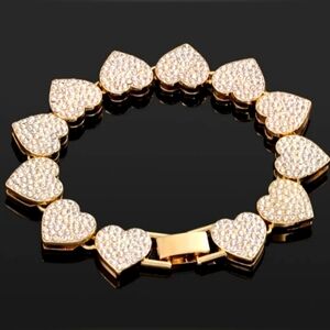 Pave Iced CZ Crystal Gold Heart Links Bracelet Rhinestone Hearts Unisex Women